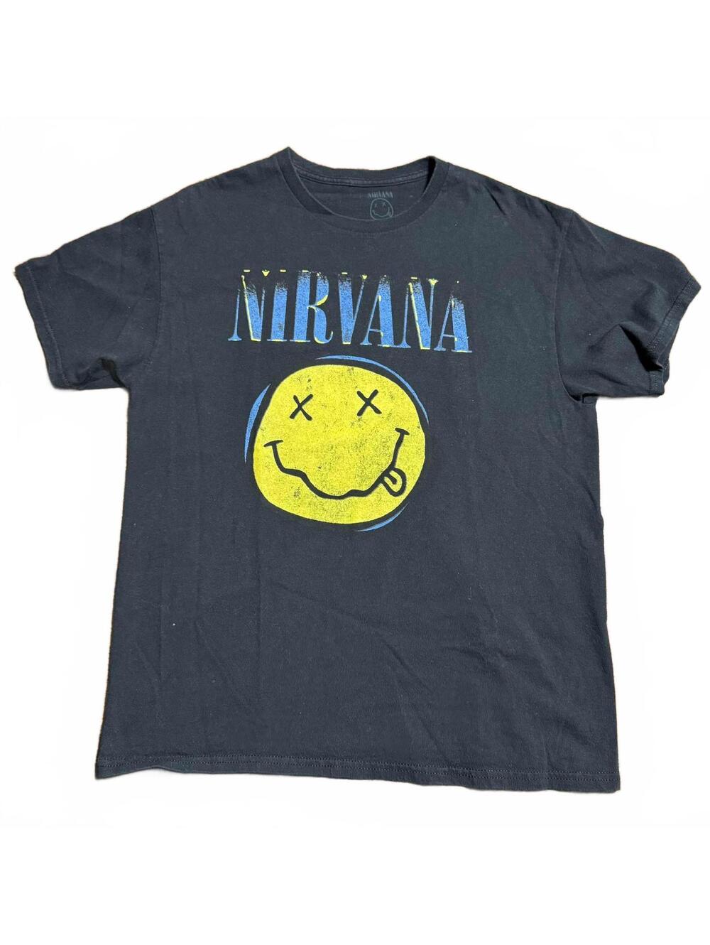 NIRVANA Smiley Face Emblem Large Black T SHIRT Vintage Look Distressed Size L